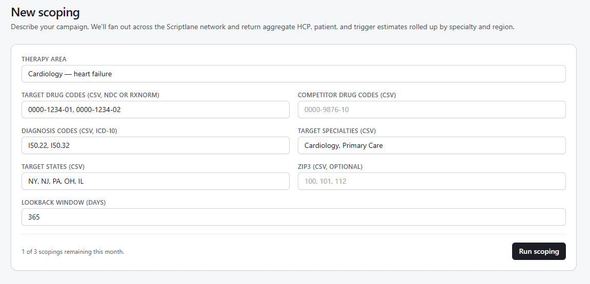 Scoping wizard - Cardiology heart failure brief with drug codes, ICD-10, specialties, and states